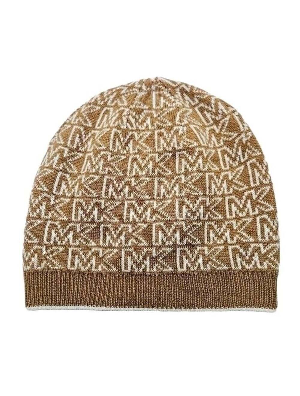 Michael Kors MK Logo Beanie Hat Brown Camel White Knit Winter